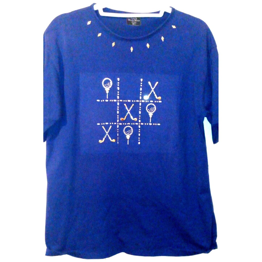 Dawn Marie Golf Graphic Tee Women Small Blue Tic Tac Toe Embellished Shirt